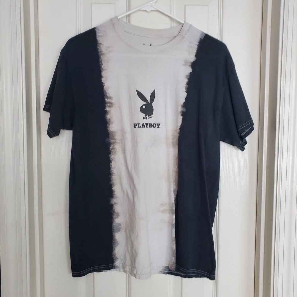 Playboy‎ Tie Dye Graphic T Shirt Black White Short Sleeve Size S